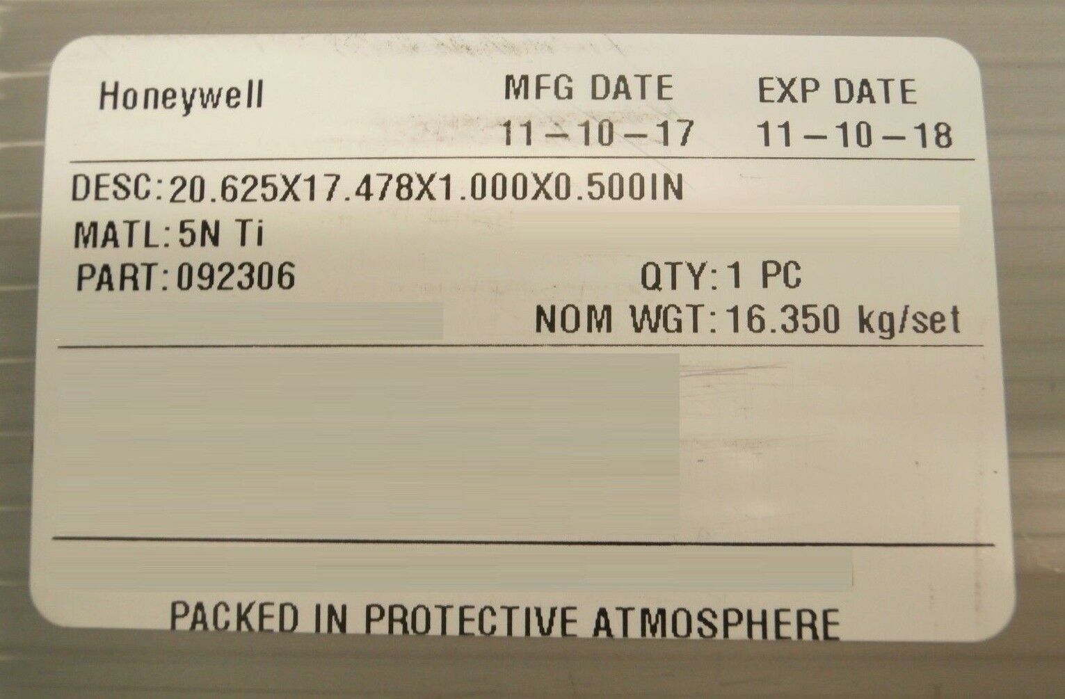Honeywell 092306 300mm 5N Ti Titanium Target 20.625X17.478X1.000X0.500IN Working