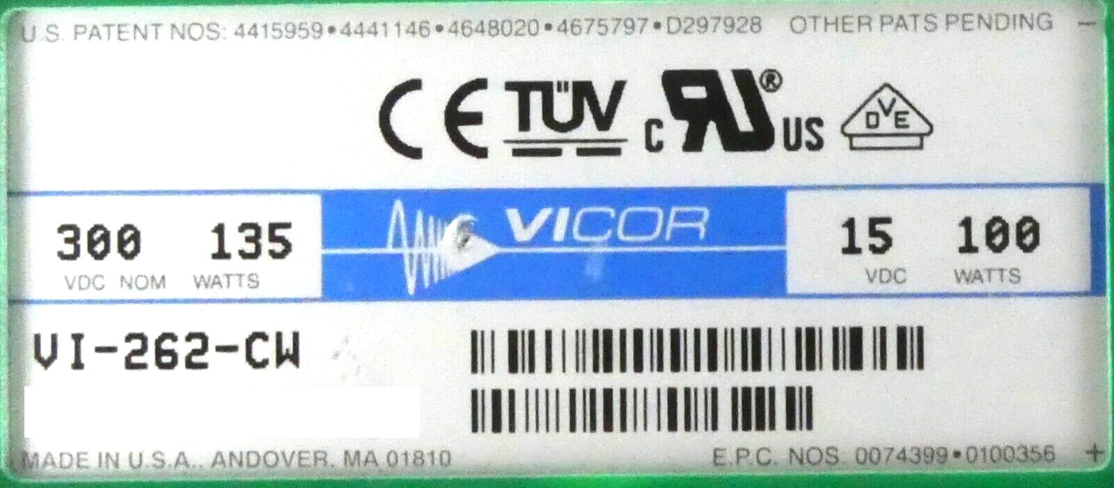 Vicor VI-262-CW DC Converter 15v 100w Reseller Lot of 4 Working Surplus