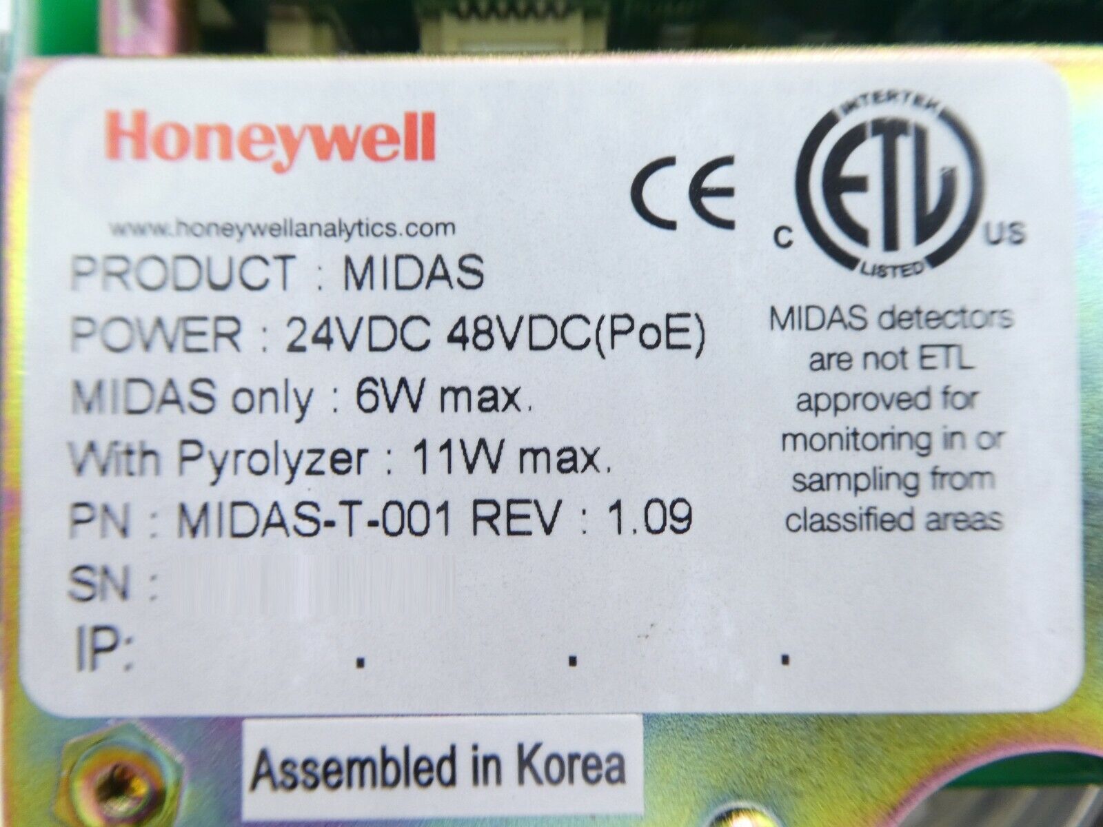 Honeywell MIDAS-T-001 Gas Detector MIDAS Working Surplus