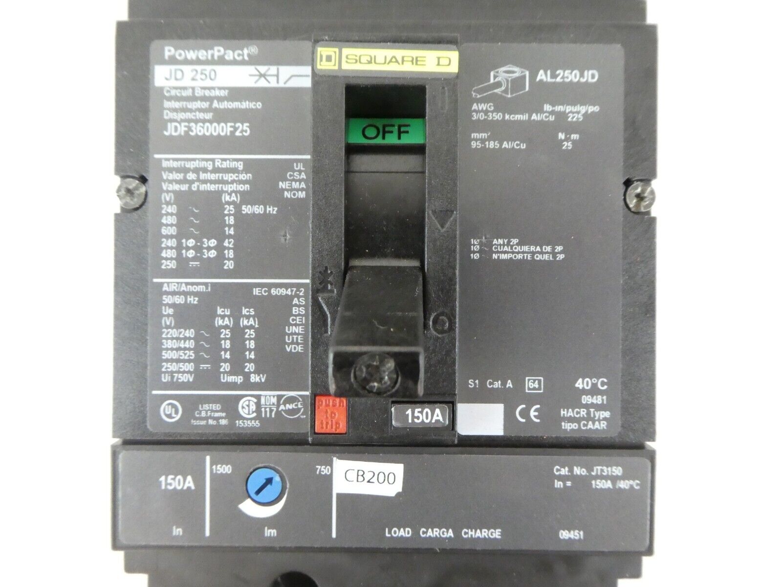 Square D JDF36000F25 Circuit Breaker PowerPact JD 250 CB200 Lot of 2 Working