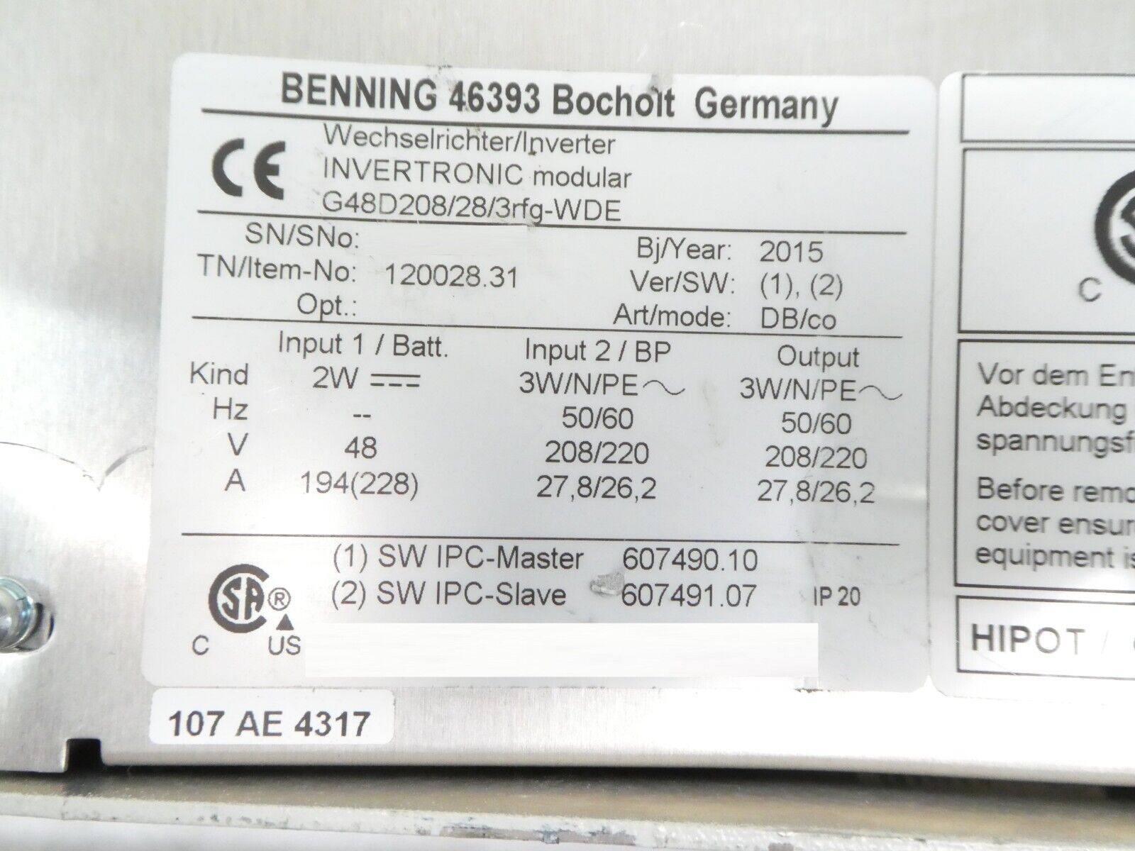 Benning G48D208/28 Modular Inverter INVERTRONIC Modular Dented Untested Surplus