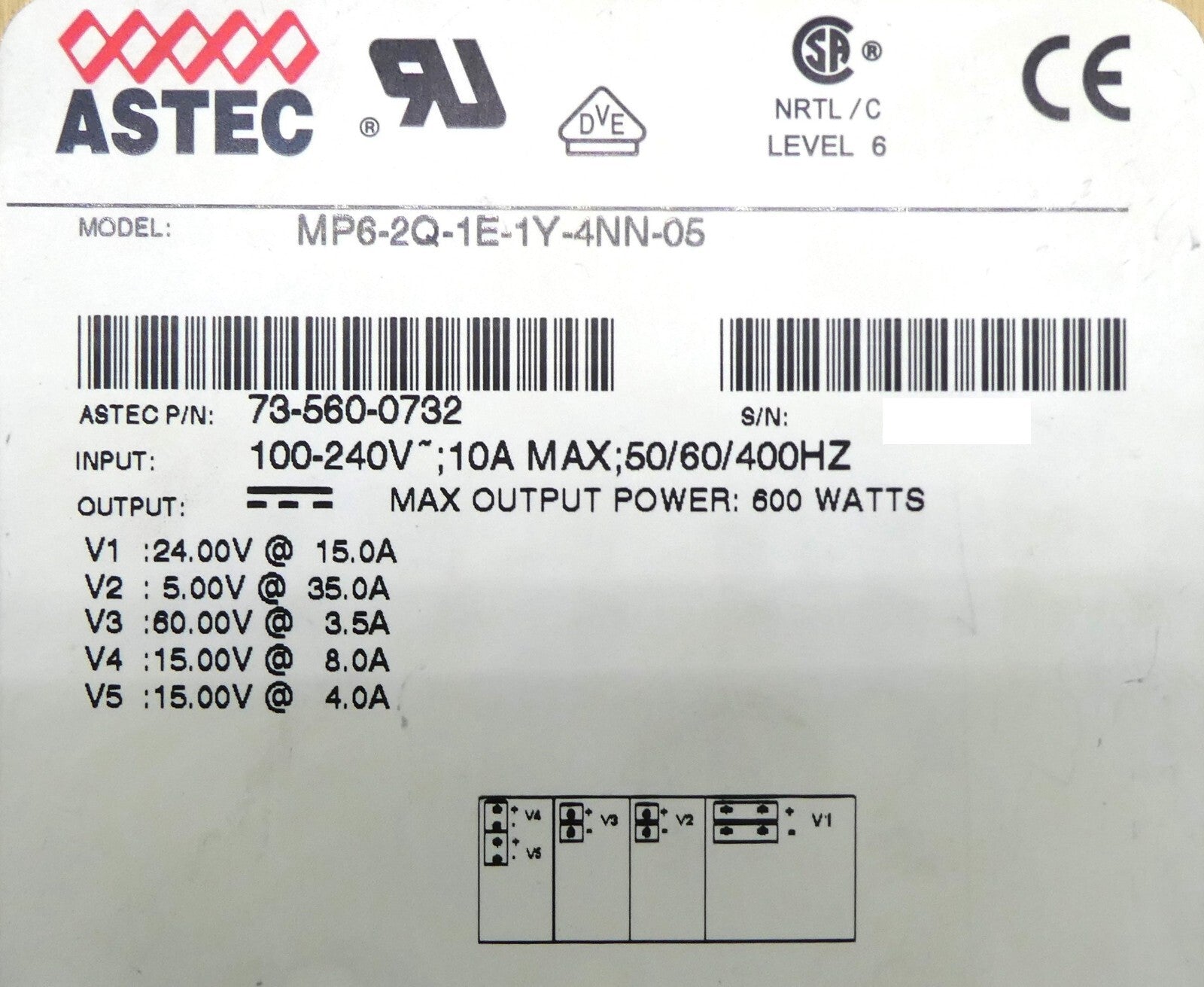 Astec 73-560-0732 Power Supply Module MP6-2Q-1E1Y-4NN-05 Working Surplus