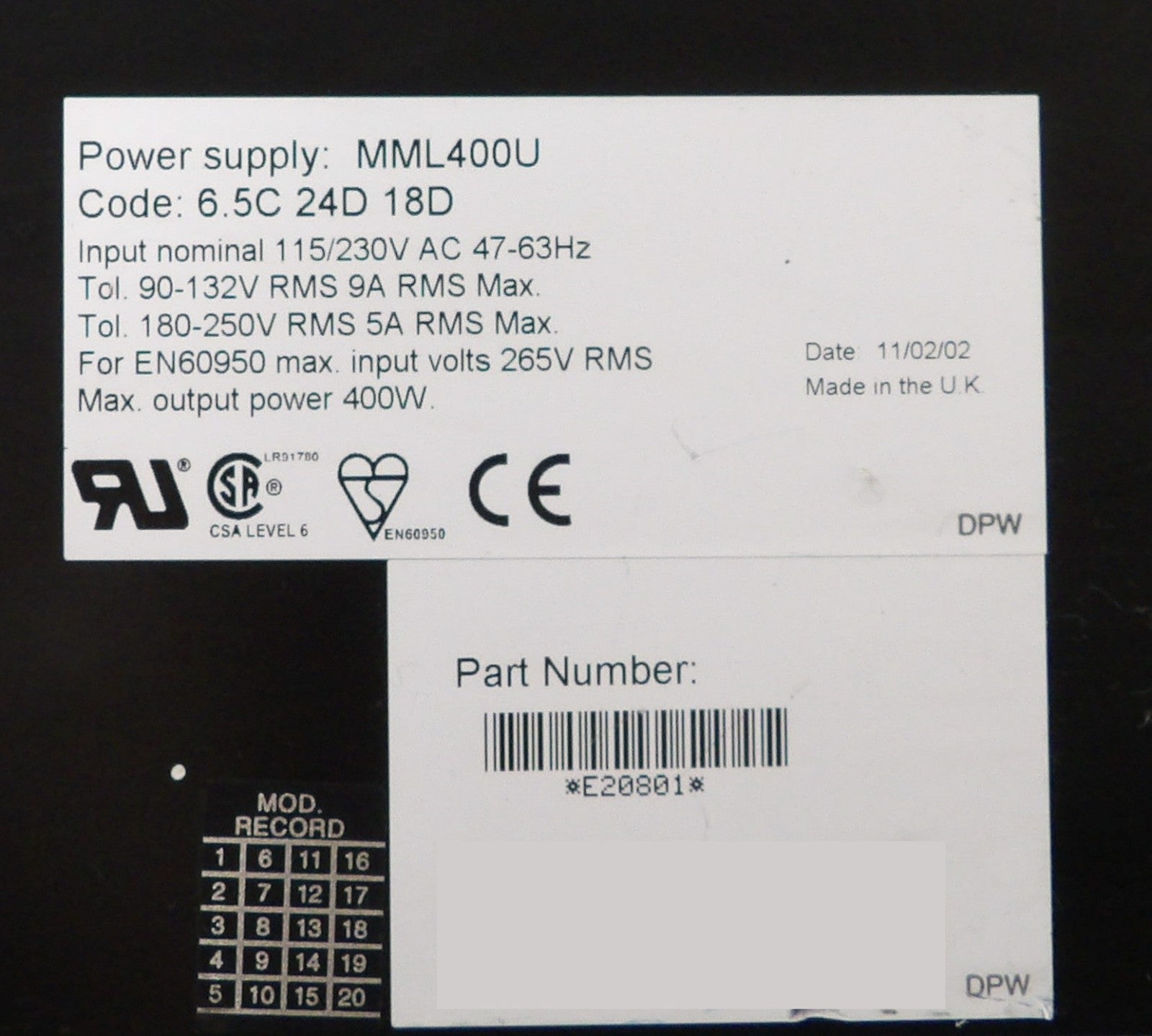 TDK-Lambda MML400U AC/DC Power Supply Omega Series MML400 Lot of 4 Working