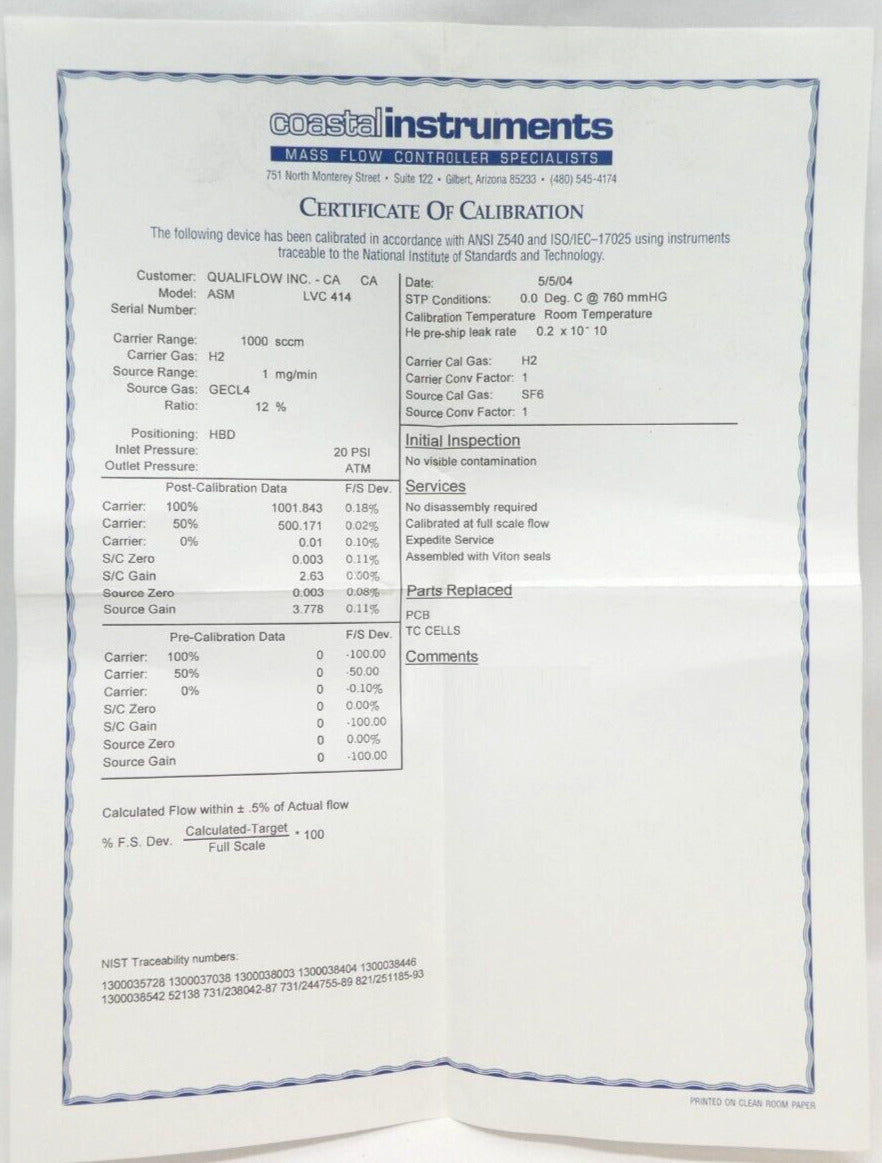 Qualiflow LVC-414 Liquid Vapor Controller LVC 1 g/min GeCl4 OEM Refurbished