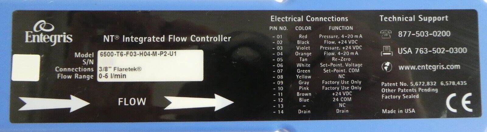 Entegris 6500-T6-F03-H04-M-P2-U1 InVue Integrated Flow Controller Surplus