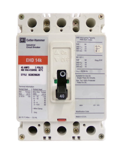 Cutler-Hammer 6638C90G89 3-Pole Industrial Circuit Breaker EHD 14k Working