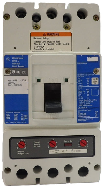 Westinghouse KDB3400 Industrial 3-Pole Circuit Breaker KDB 35k w/KT3400T Working