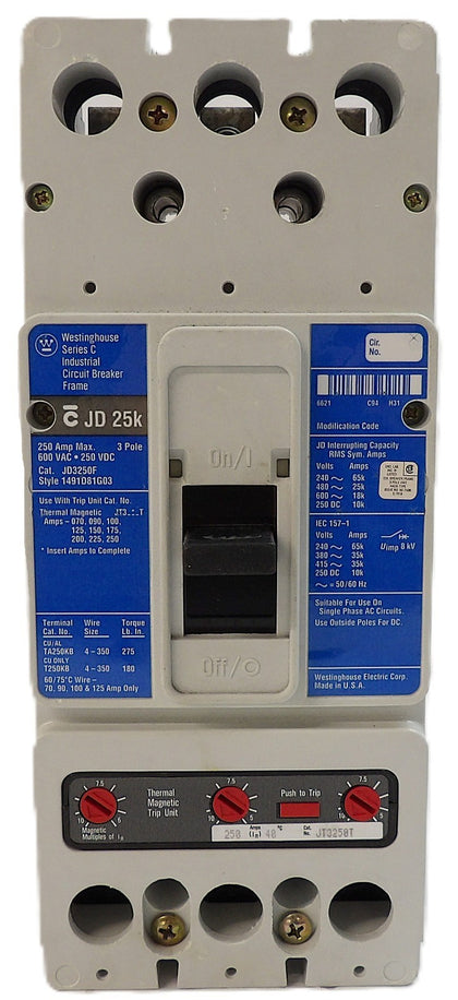 Westinghouse 1491D81G03 JD 25K 3-Pole Industrial Circuit Breaker JT3250T Working
