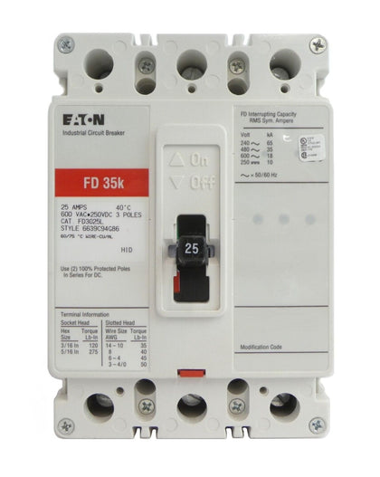 Eaton 6639C94G86 Industrial Circuit Breaker FD3025L FD 35k New Surplus