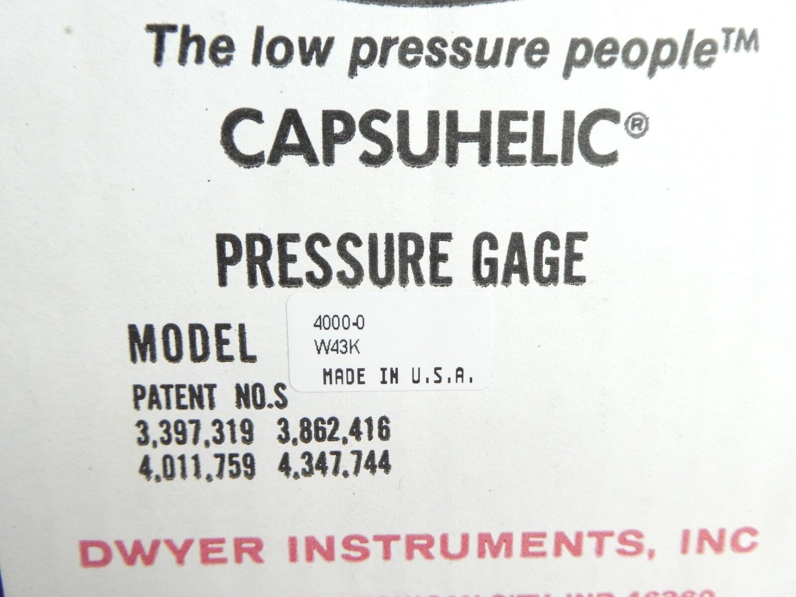 Dwyer 4000-0 Differential Pressure Gauge Capsuhelic New Surplus
