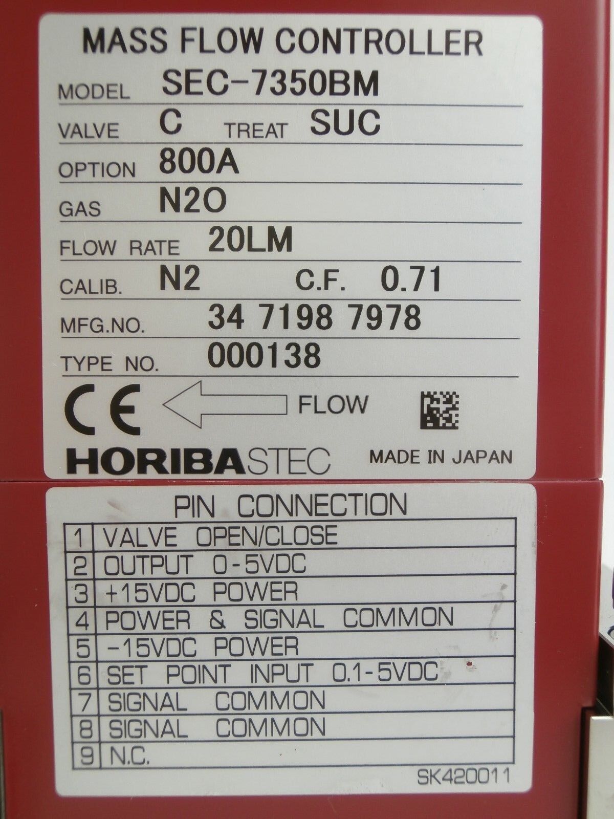 Horiba STEC SEC-7350BM Mass Flow Controller MFC 20 LM N2O SEC-7350 Used Working