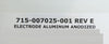 Lam Research 715-007025-001 Electrode Aluminum Anodized New Surplus