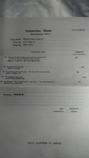 TEL Tokyo Electron 3D10-150450-V1 Ring BTM Shield EXHP-UP New Surplus