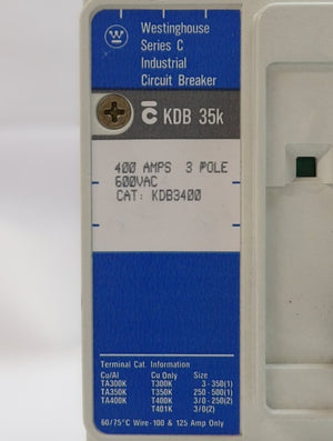 Westinghouse KDB3400 Industrial 3-Pole Circuit Breaker KDB 35k w/KT3400T Working