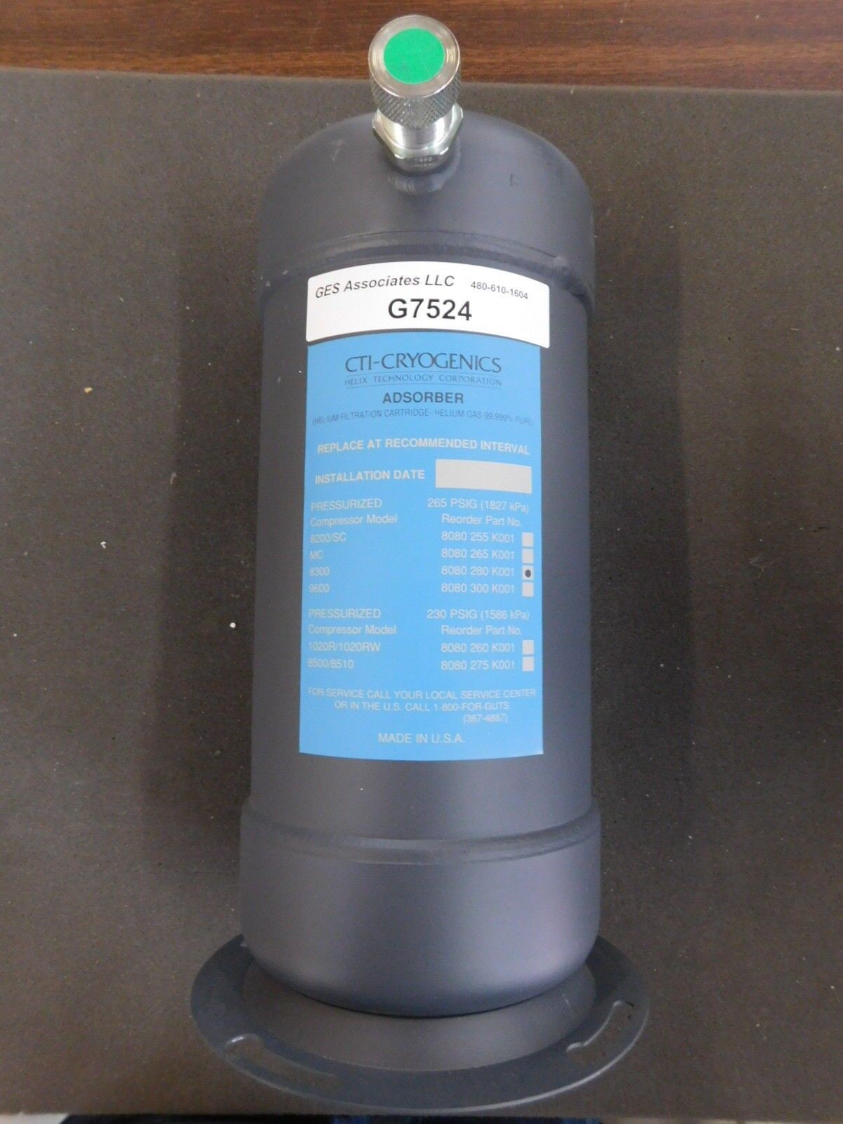 CTI-Cryogenics 8080 280 K001 Adsorber Helium Filtration Cartridge 1020R Used