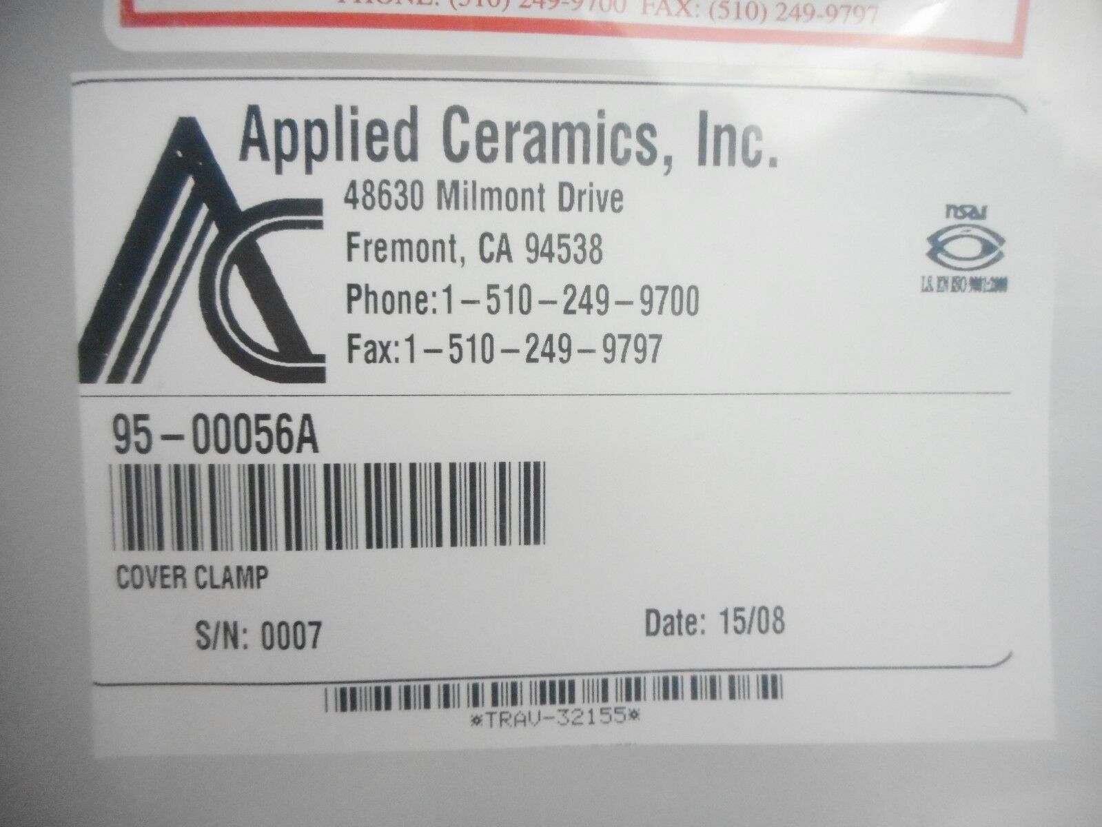 Applied Ceramics 95-00056A Quartz Cover Clamp New Surplus